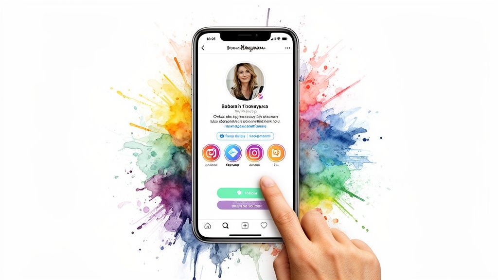 Hand tapping 'Follow' button on a smartphone showing an Instagram profile against colorful watercolor background.