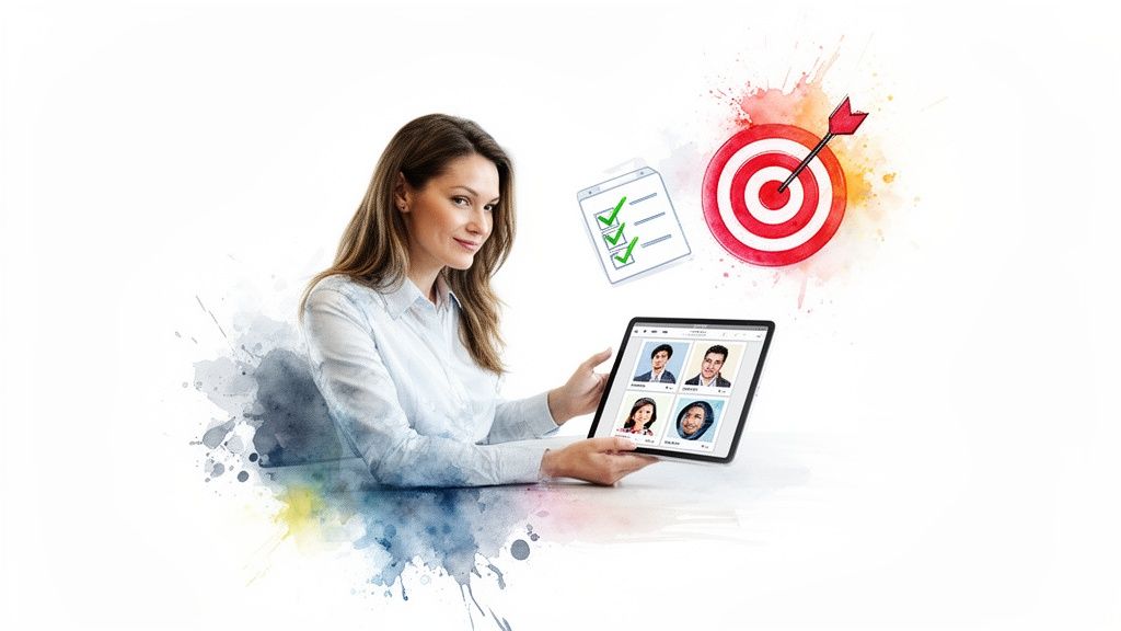 Woman holding a tablet with diverse profiles, symbolizing strategic planning and goal achievement.