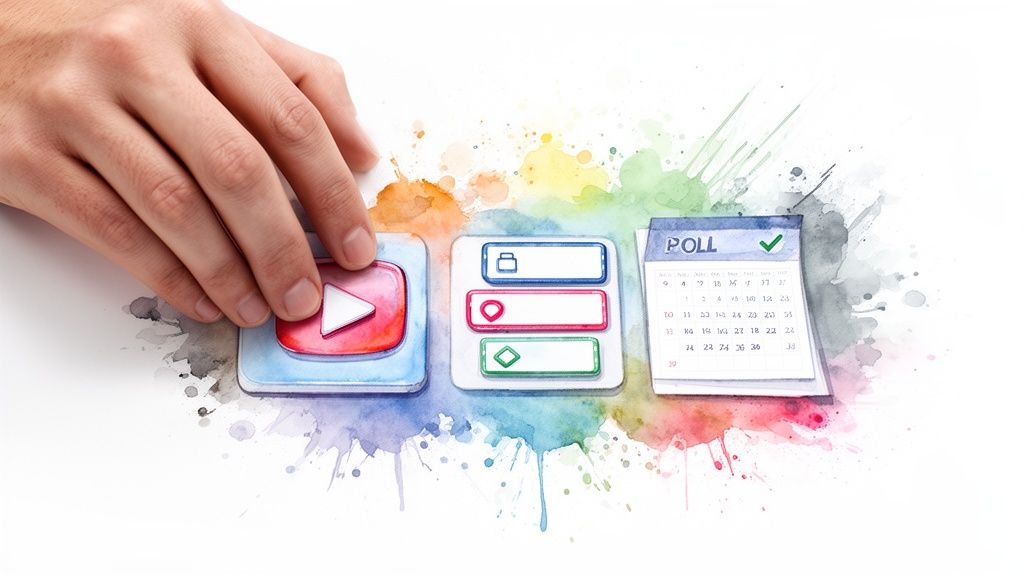 A hand presses a watercolor-style YouTube play button icon, next to poll options and a calendar.