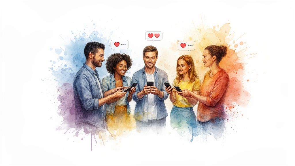 Watercolor illustration of five diverse people happily engaged with their smartphones and social media.