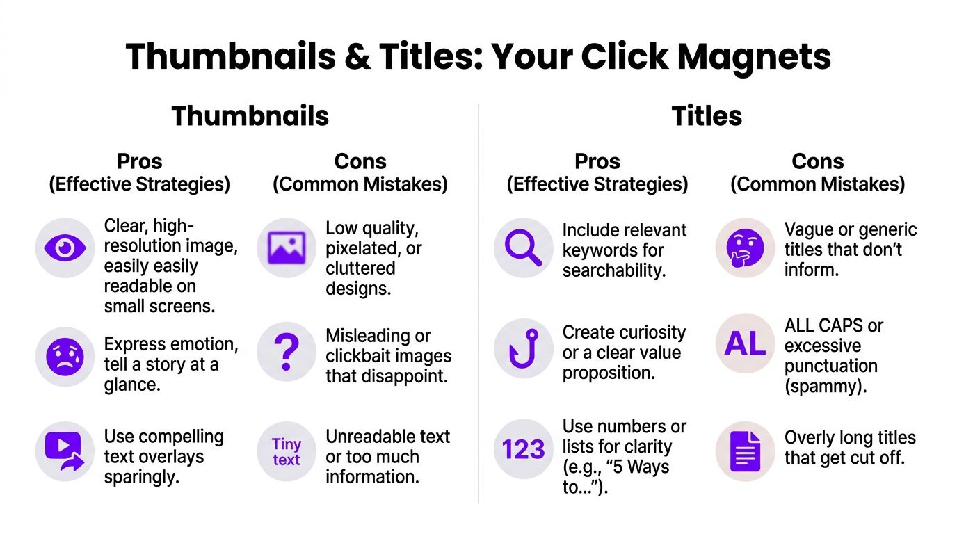 An infographic showing pros and cons of YouTube thumbnail design and video title optimization strategies.