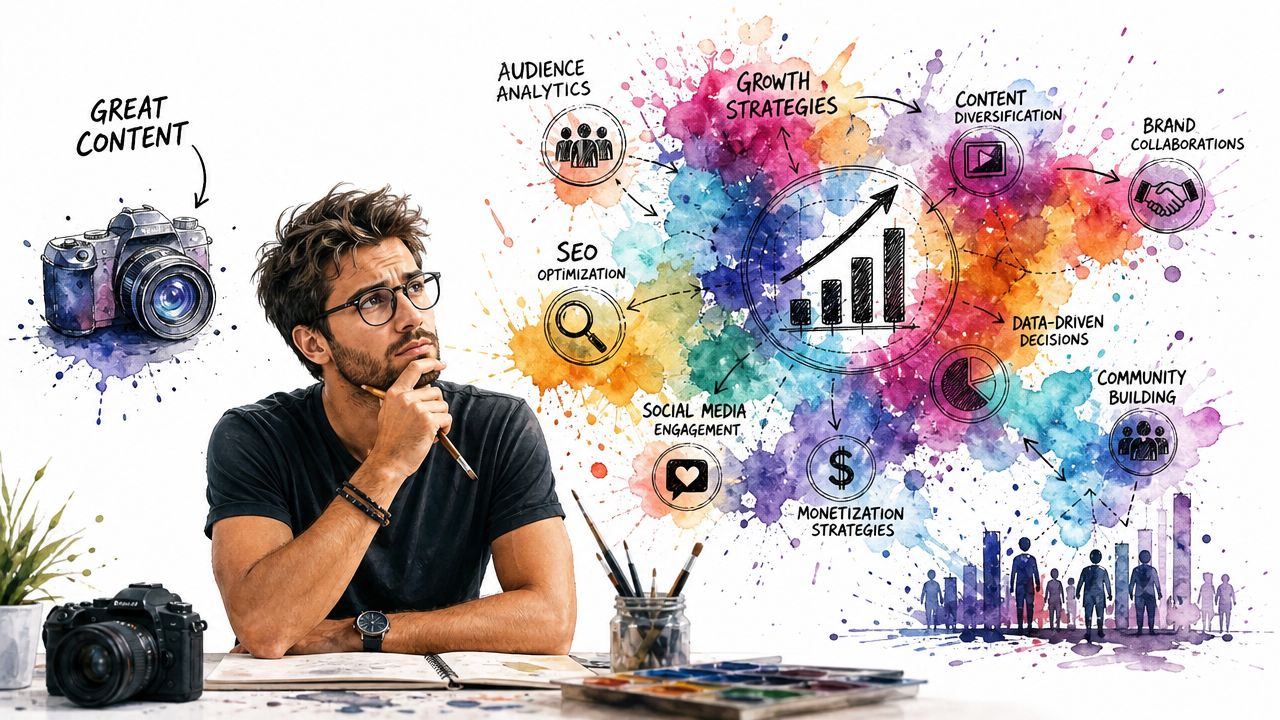 A thoughtful creator surrounded by watercolor business growth concepts, photography equipment, and strategic content planning illustrations.