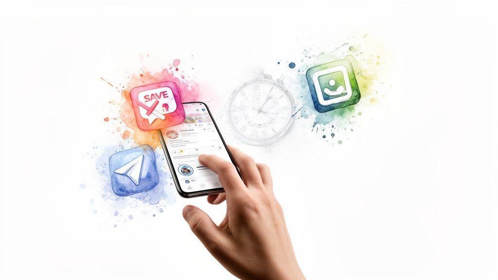 A hand holds a smartphone surrounded by watercolor-style icons: save, send, and gallery, with a faint clock.