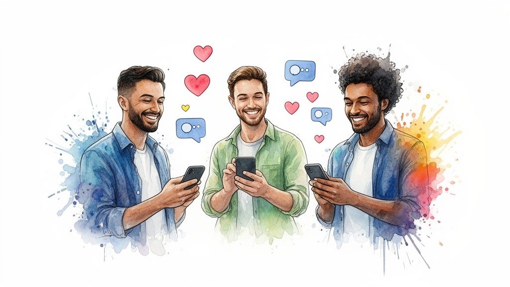 Watercolor illustration of three smiling men using smartphones with social media hearts and message bubbles.