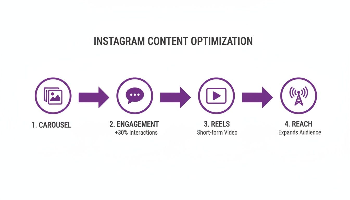 A 4-step diagram illustrating Instagram content optimization for reach: Carousel, Engagement, Reels, and Reach.