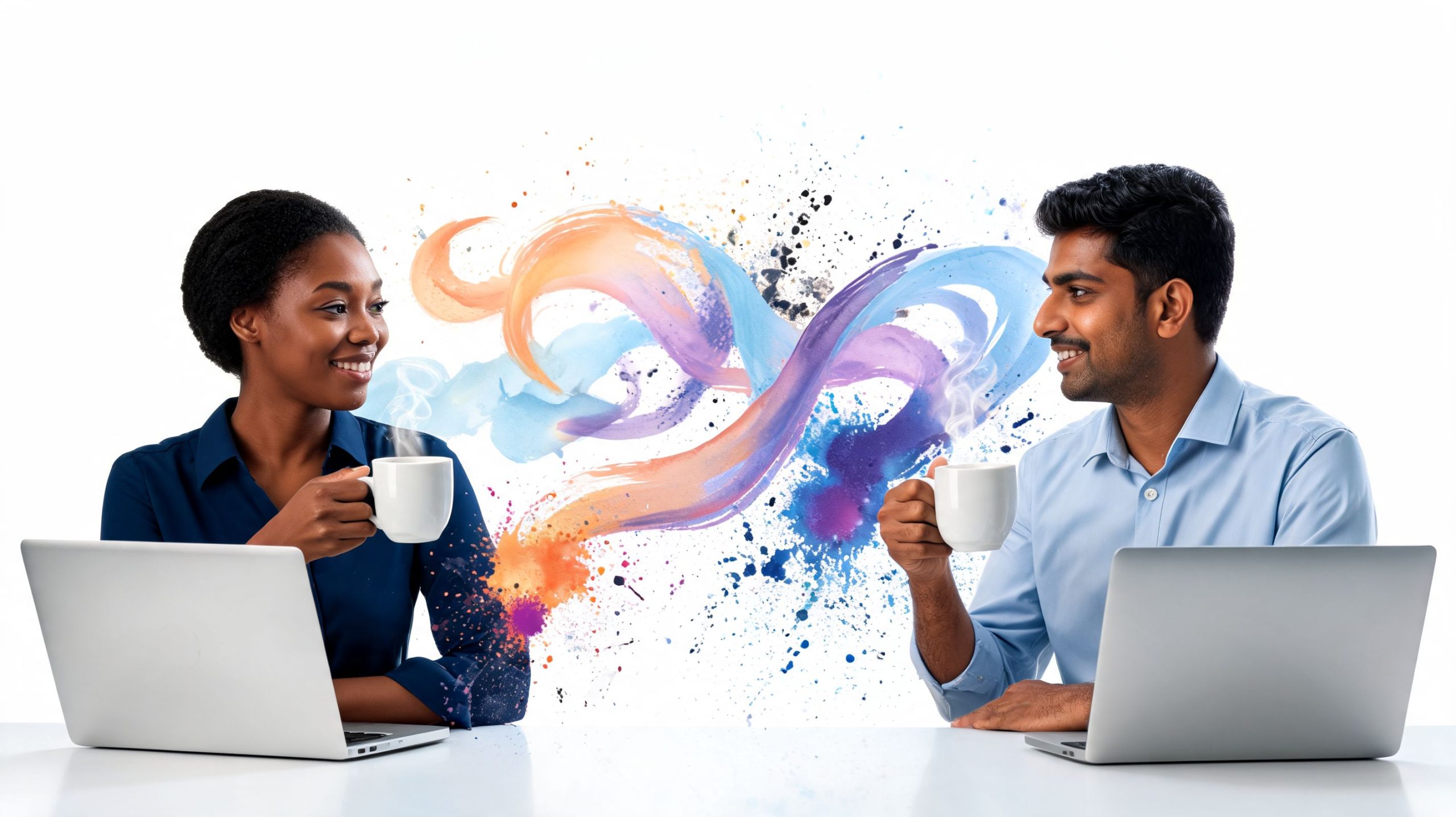 A professional man and woman smiling while holding coffee mugs and sitting at desks with laptops.