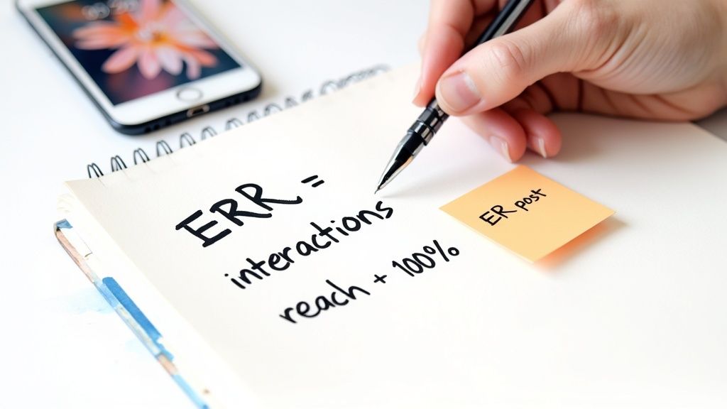 A hand writing an engagement rate formula on a notebook, with a smartphone in the background.