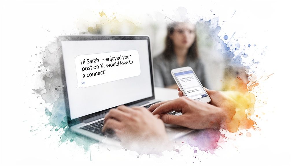 A person types a networking message on a laptop while holding a smartphone, amidst watercolor splashes.
