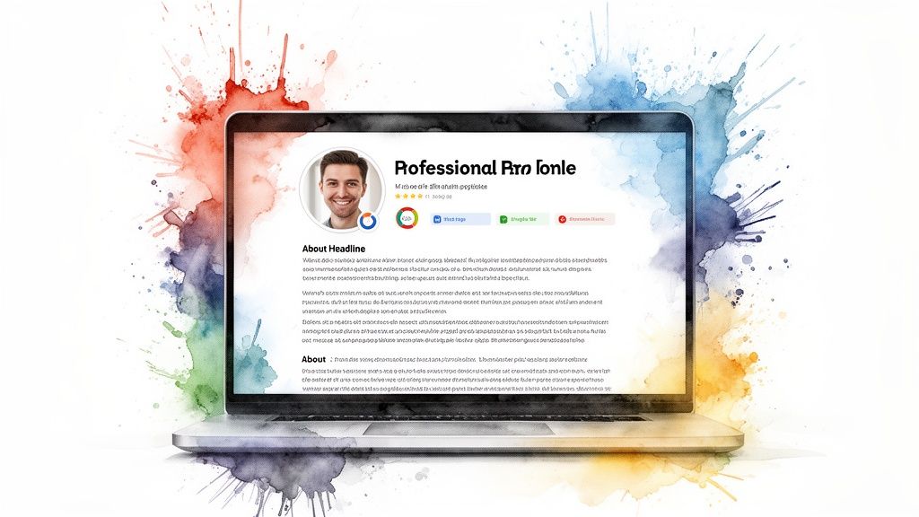 A laptop displaying a professional profile with a man's photo, ratings, and text, surrounded by colorful watercolor splashes.