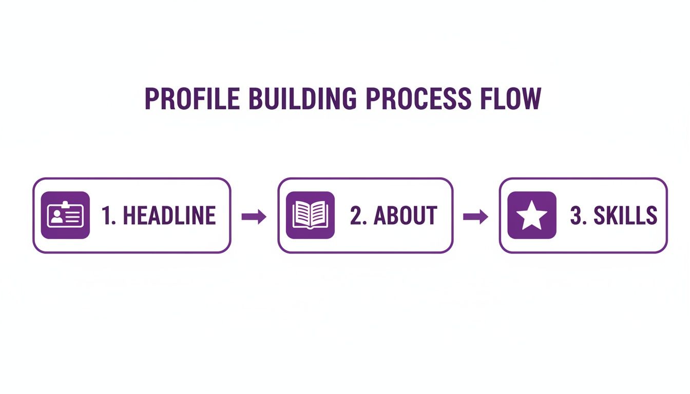 A profile building process flow diagram showing three steps: Headline, About, and Skills.