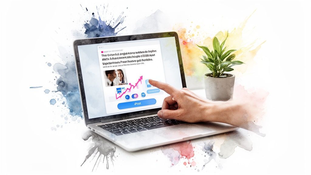 A hand interacts with a laptop screen displaying a social media post with an upward trend chart, surrounded by colorful watercolor splashes.