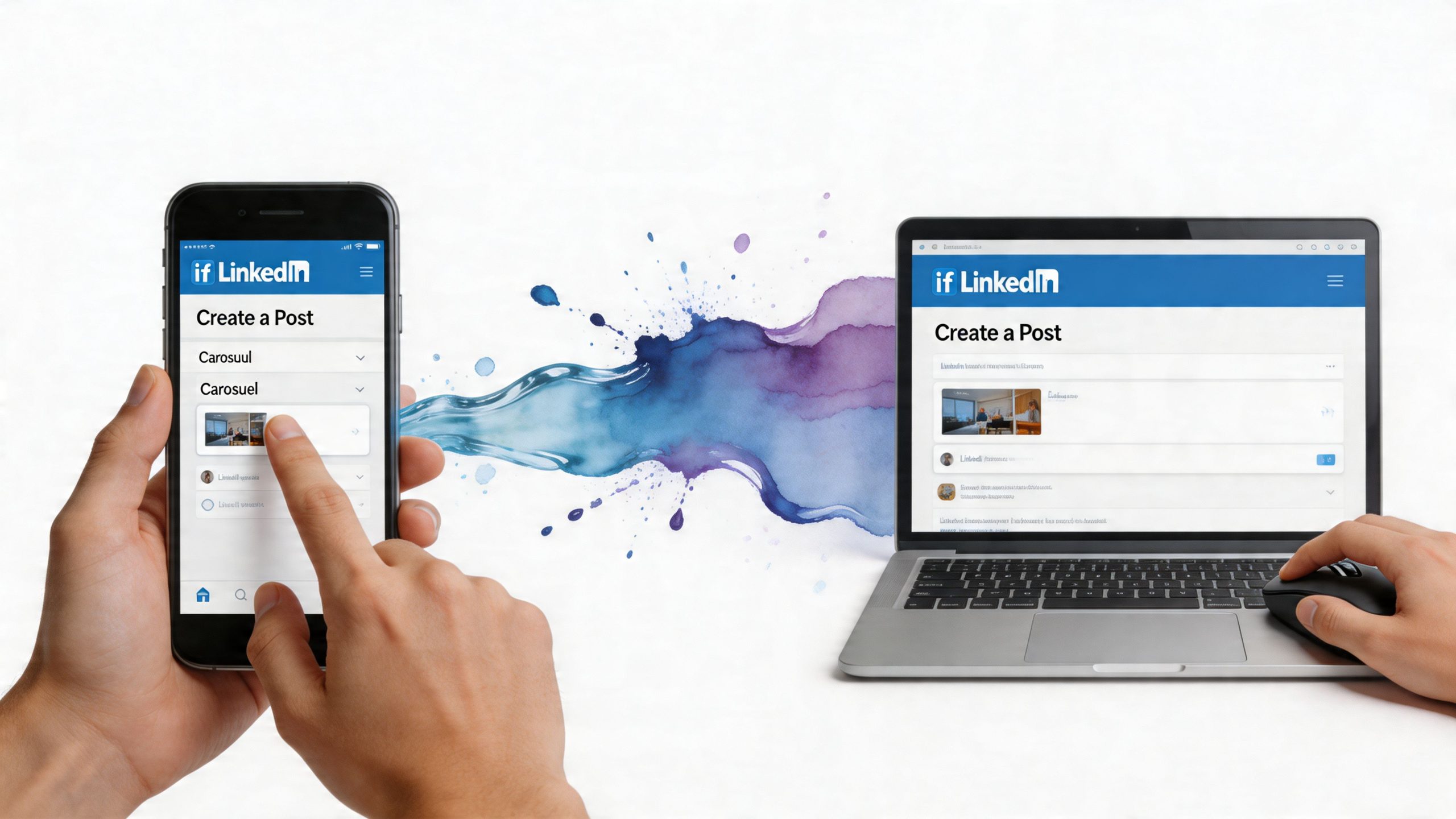 A person using a smartphone and laptop to create a LinkedIn carousel post with blue watercolor effects.