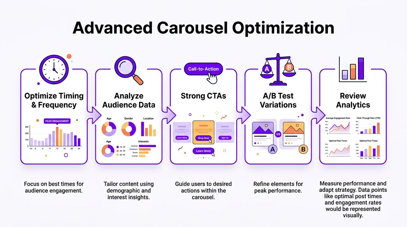A flowchart infographic titled Advanced Carousel Optimization illustrating five key steps for improving social media carousel performance.