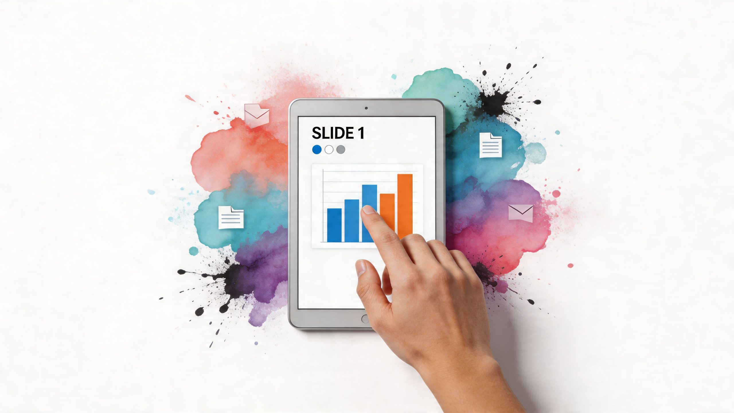A hand interacting with a digital tablet displaying a bar graph presentation slide on a colorful background.