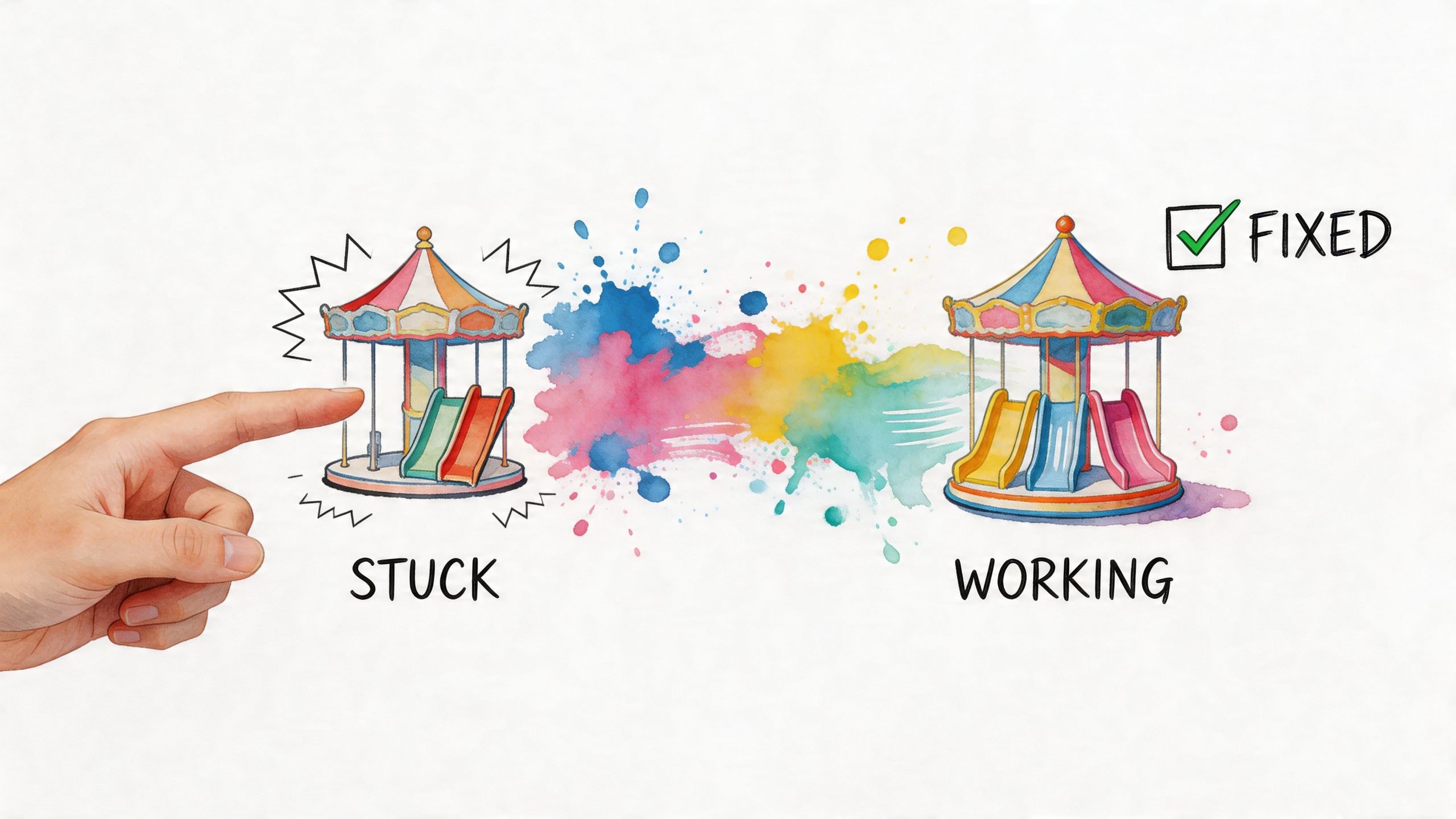 A hand pointing at a stuck carousel graphic transitioning to a fixed, working carousel illustration.