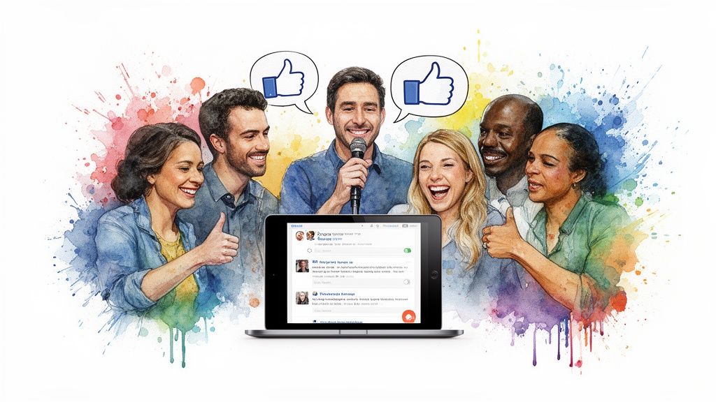A diverse group of smiling people with thumbs-up and social media icons around a tablet.