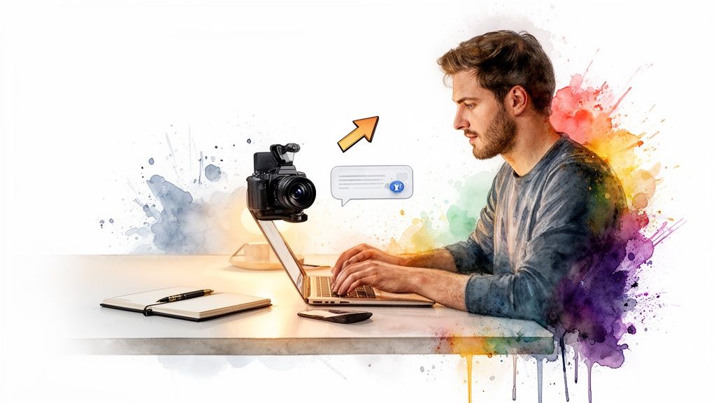 Man with camera on laptop, actively engaged in online promotion and content creation.