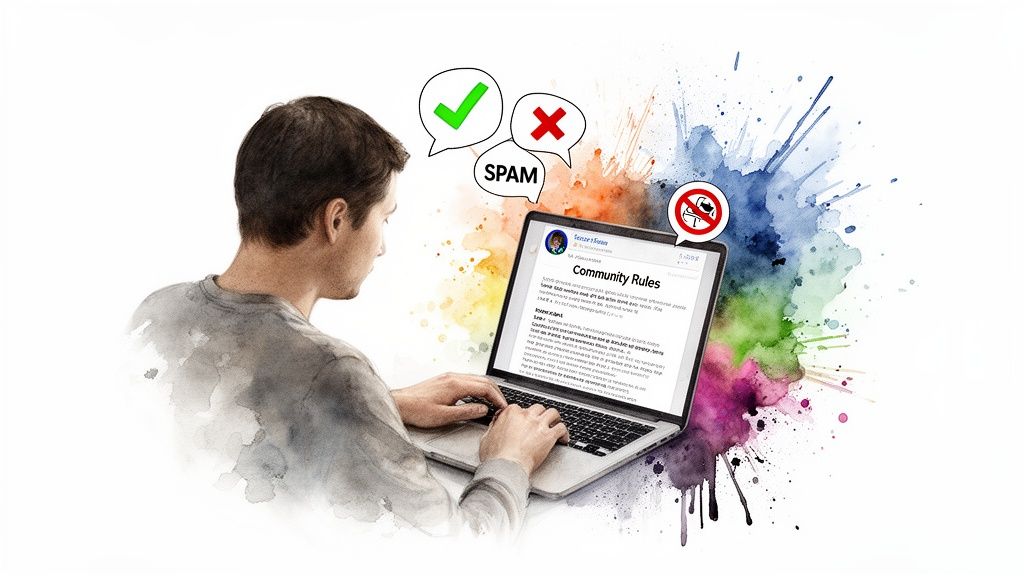 A person reviews online community rules on a laptop, with symbols for acceptable and unacceptable content.