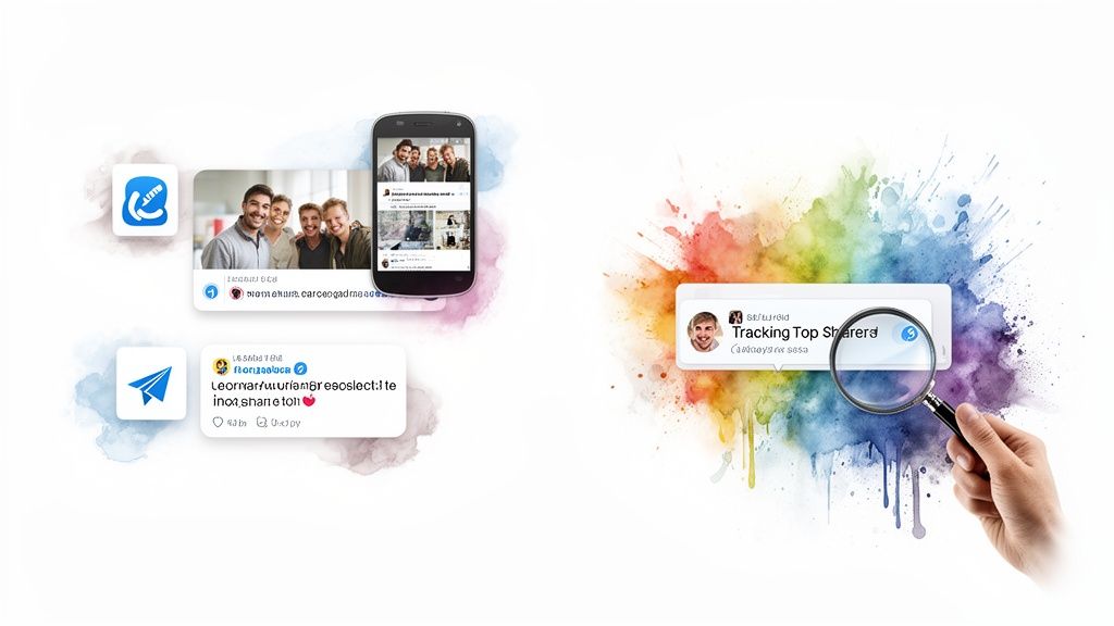 An image illustrating social media content creation and tracking, with a smartphone, posts, and a magnifying glass over 'Tracking Top Sharers'.