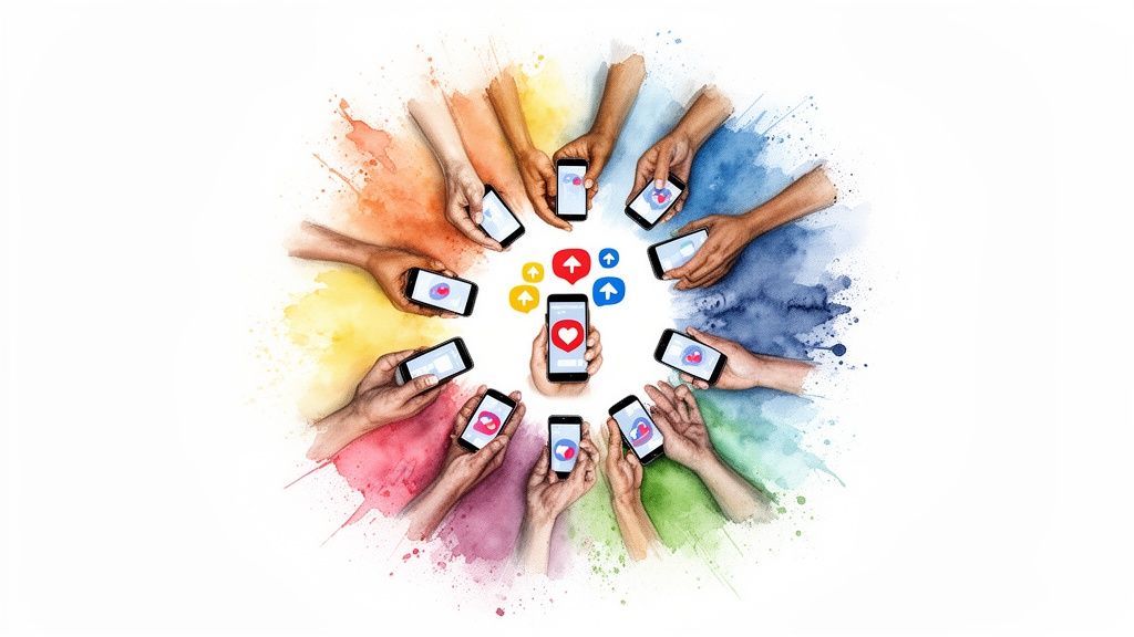 Diverse hands holding smartphones in a colorful circle, displaying social media likes and shares.