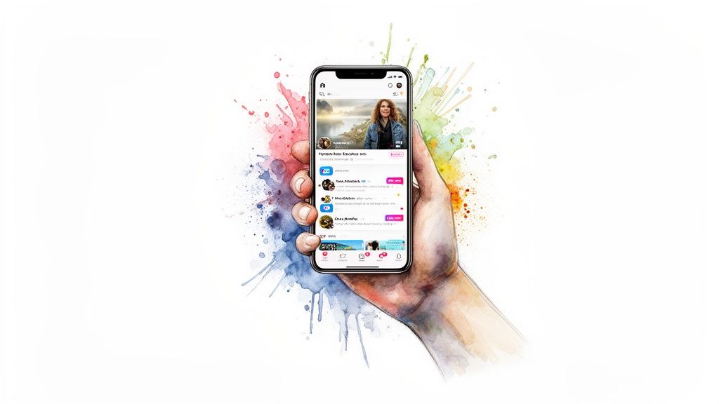 A hand holds a smartphone displaying a social media app feed with profiles and content, against watercolor splashes.