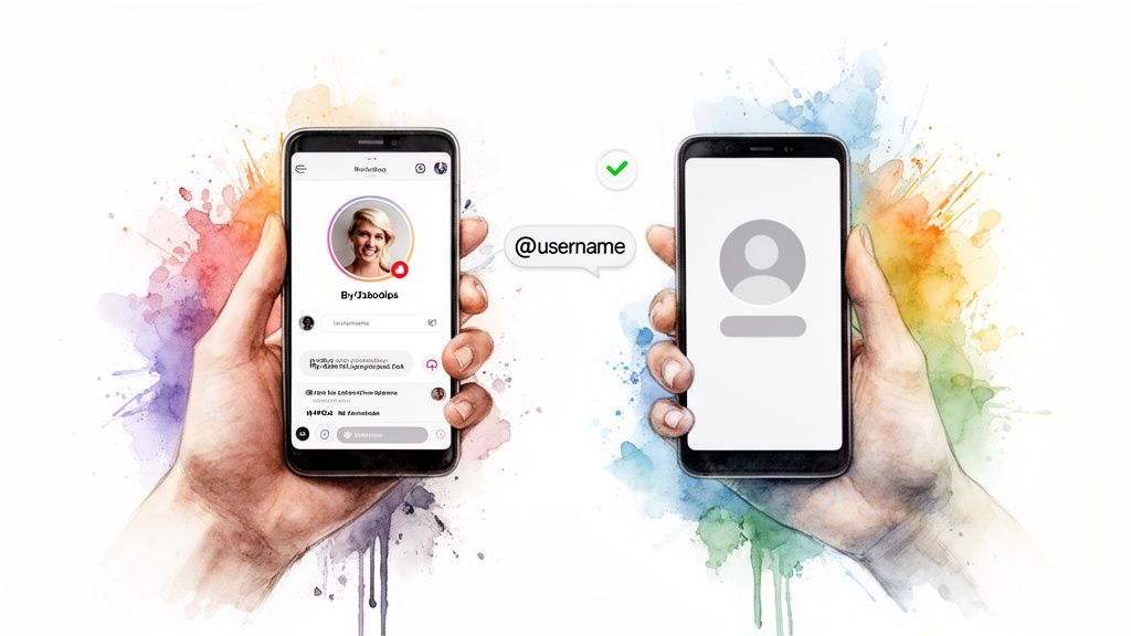 Hands holding smartphones display social media profiles with a username and verification.