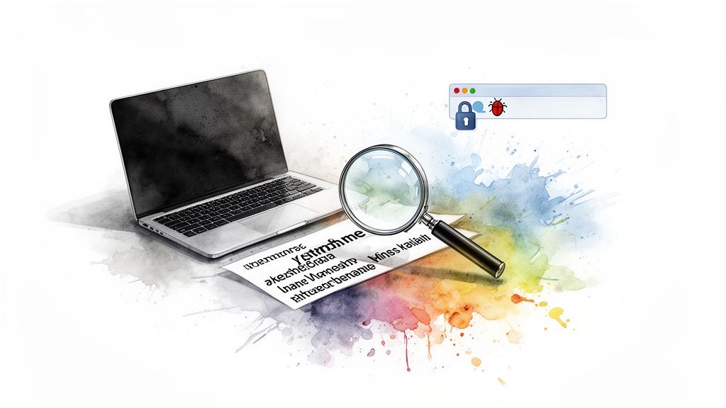 Watercolor art depicting a laptop, magnifying glass over document, and browser with lock and bug icons.