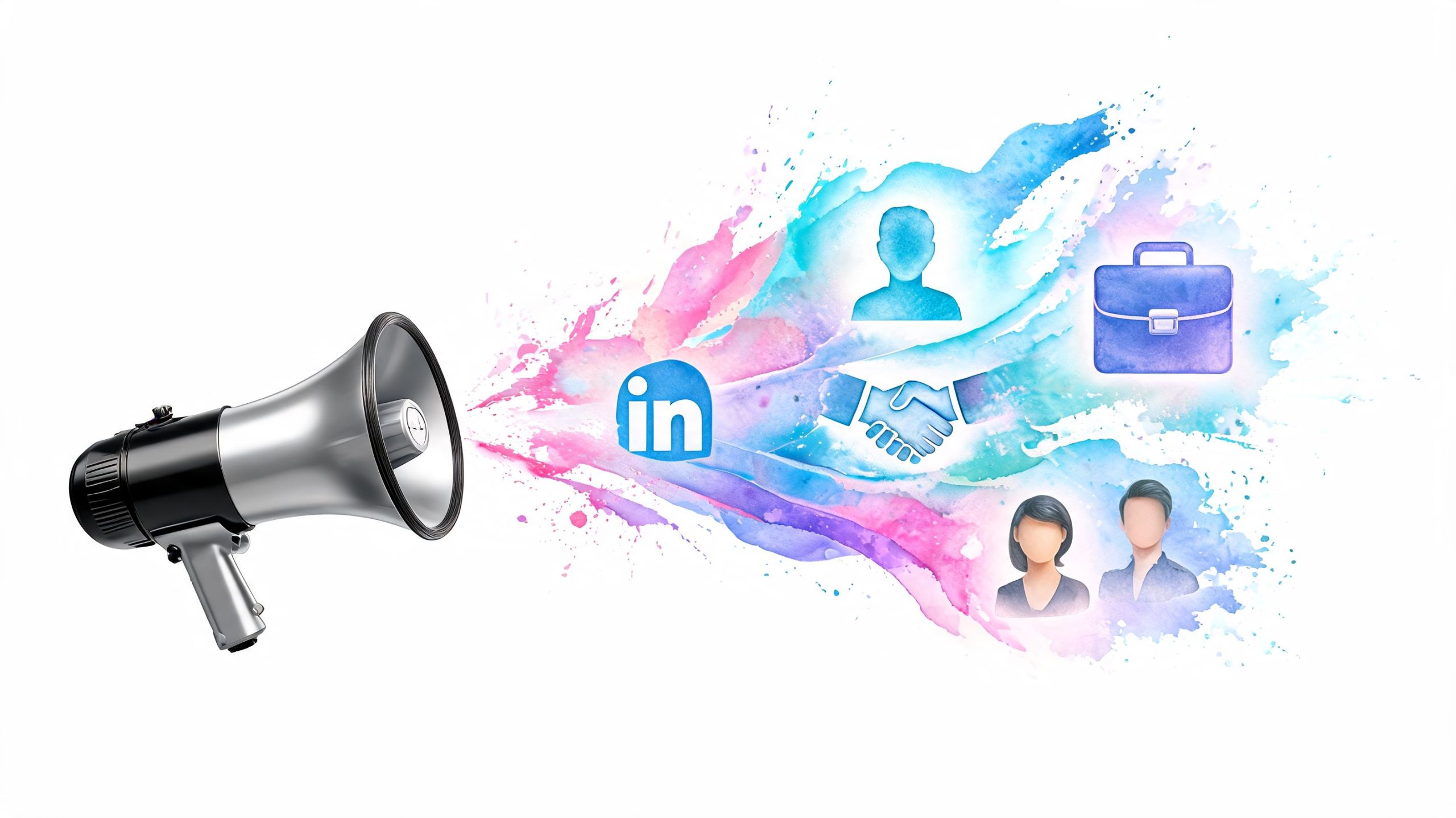 A megaphone broadcasting LinkedIn symbols, business icons, and professional networking imagery on a colorful watercolor splash background.
