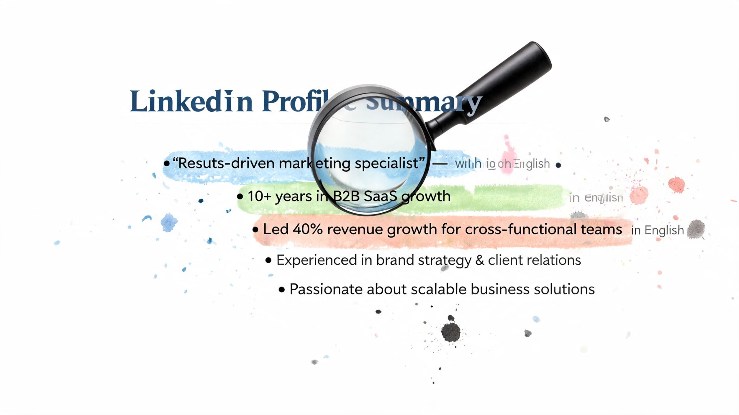 A magnifying glass focusing on professional LinkedIn profile summary bullet points for a B2B SaaS specialist.