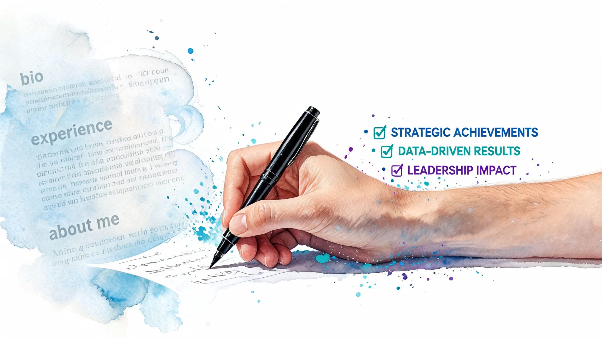 A person writes a professional biography with sections for experience and achievements on watercolor paper.