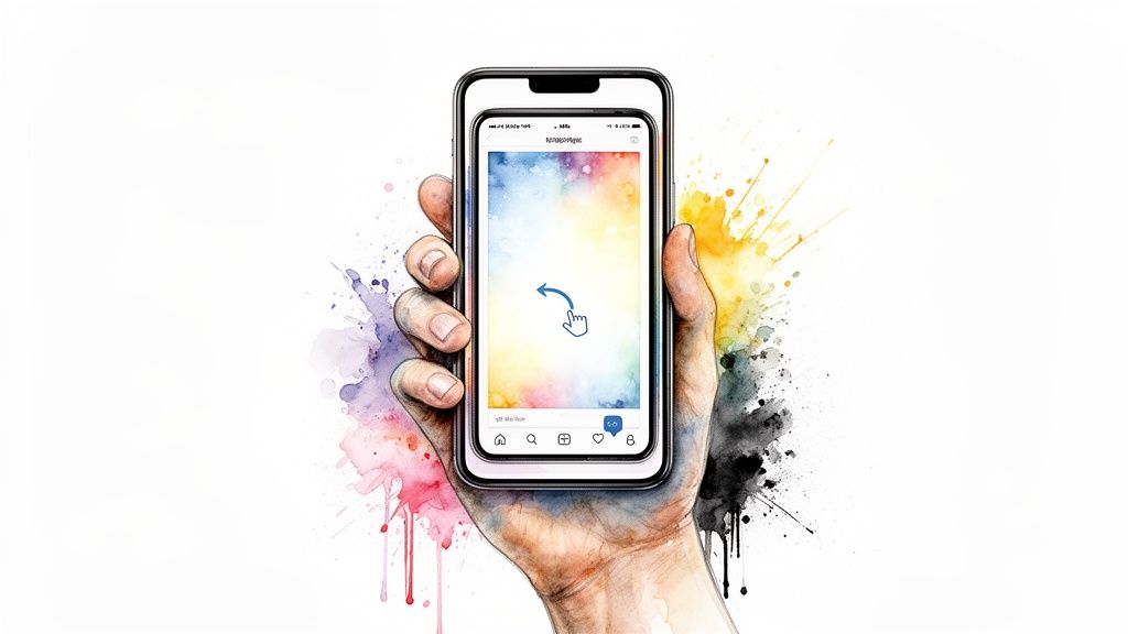 A hand holds a smartphone displaying an Instagram-like app with a colorful background and a swipe gesture.