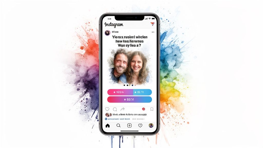 Smartphone displaying an Instagram poll with a smiling couple's photo and colorful watercolor background.
