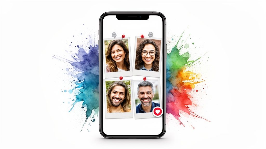 A smartphone screen displays four pinned photos of diverse smiling people, with colorful paint splashes.
