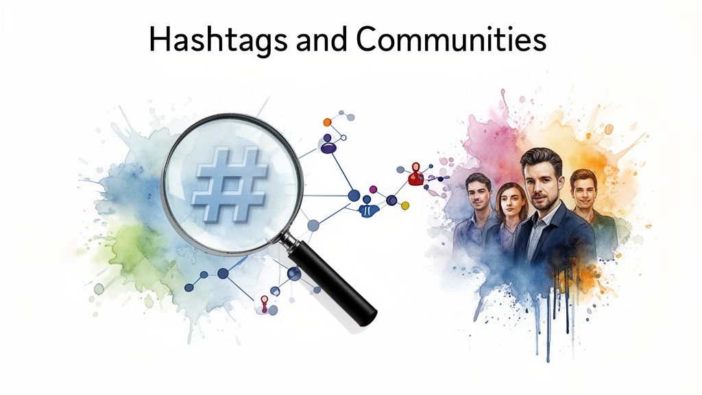 A magnifying glass highlights a hashtag symbol connected to a social network of diverse people representing communities.
