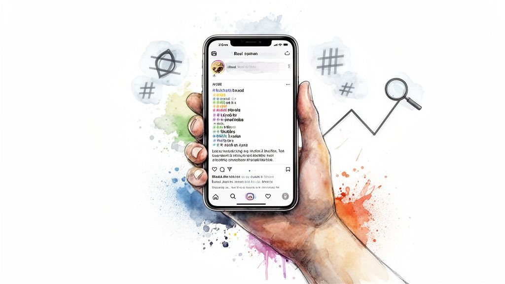 A hand holds a smartphone displaying an Instagram Reel with hashtags, surrounded by watercolor and social media icons.