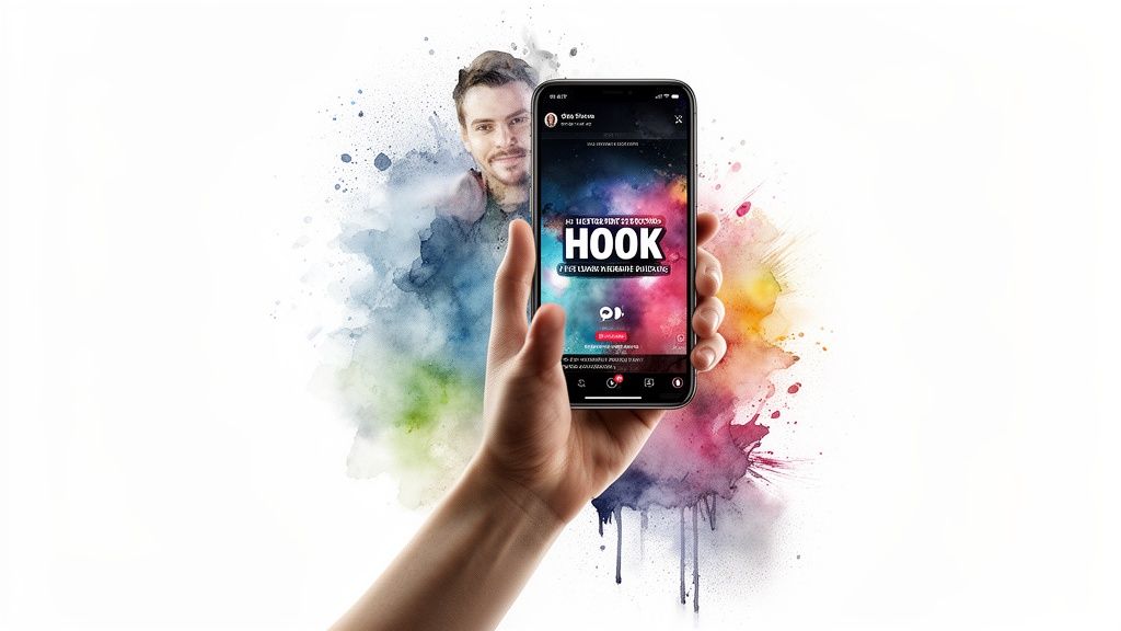 Hand holding a smartphone showing a colorful 'HOOK' social media app screen with watercolor art.