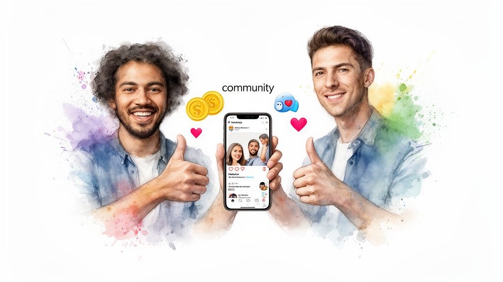 Two smiling men giving thumbs up, holding a phone showing social media posts, surrounded by community icons.