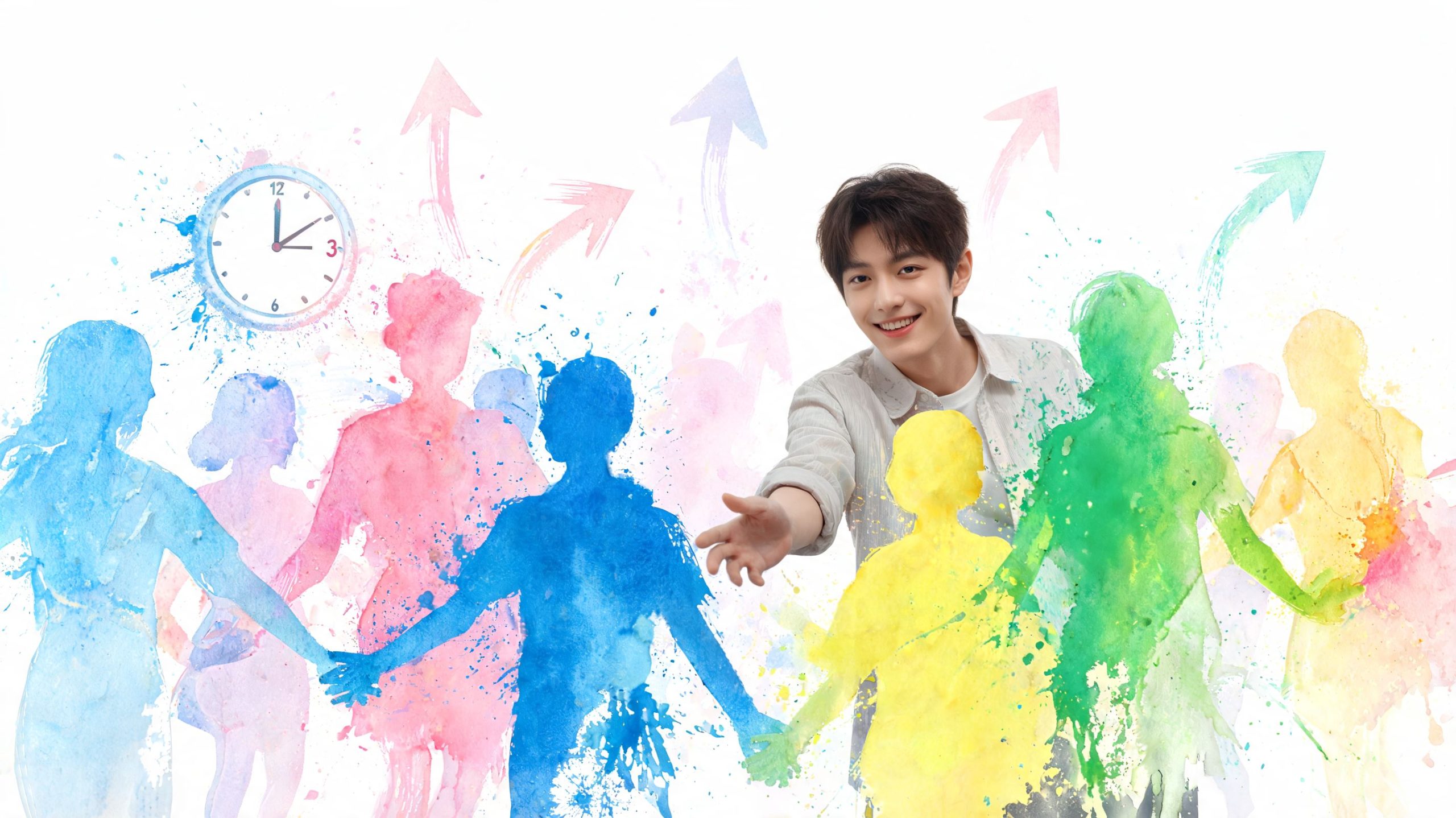 A smiling young Asian man reaches out his hand towards colorful watercolor silhouettes of people in unity.