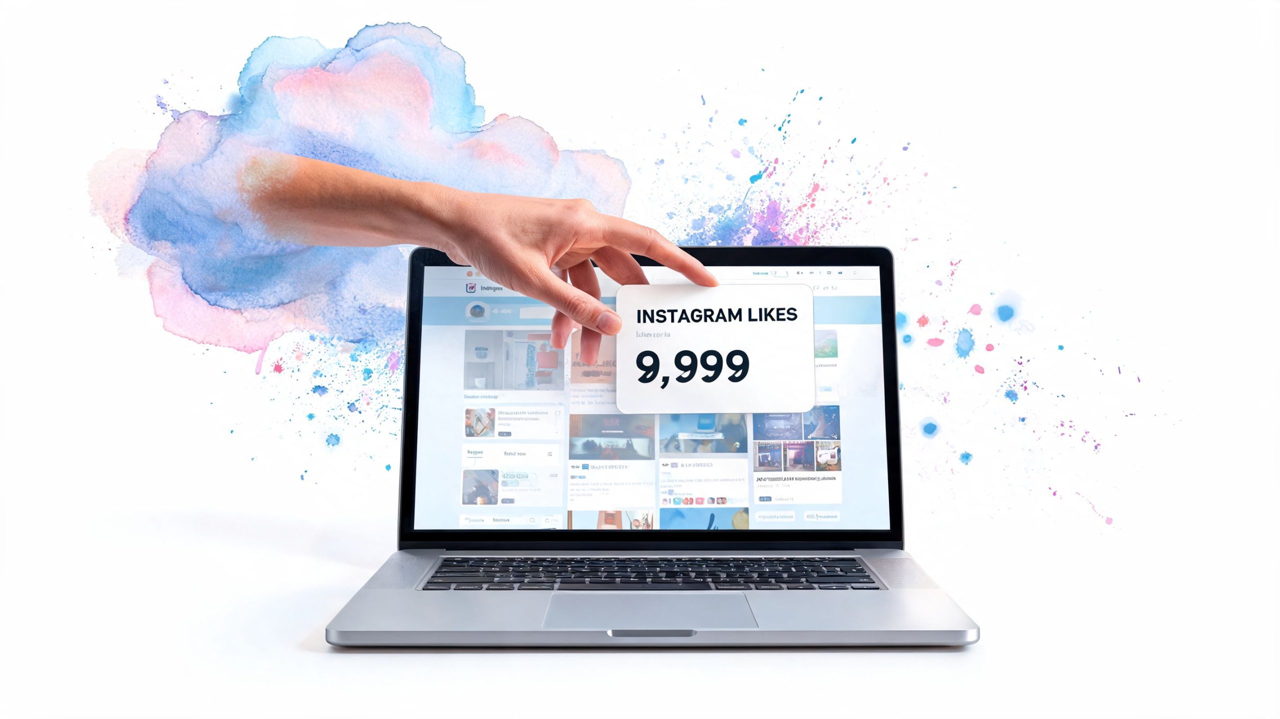 A hand emerging from a watercolor cloud placing an Instagram likes counter onto a laptop screen.