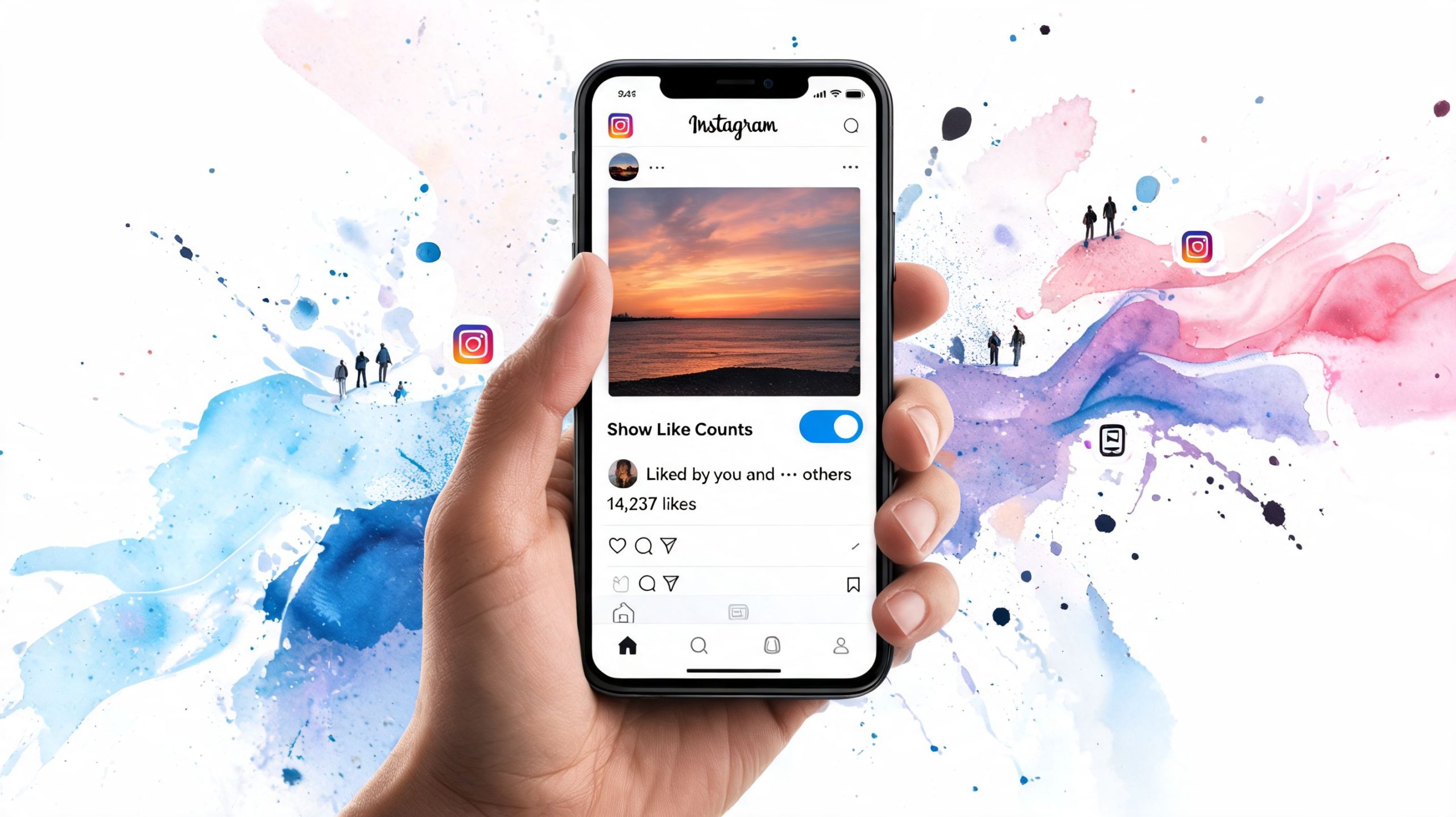 A hand holding a smartphone displaying the Instagram app with a visible like counter toggle feature.