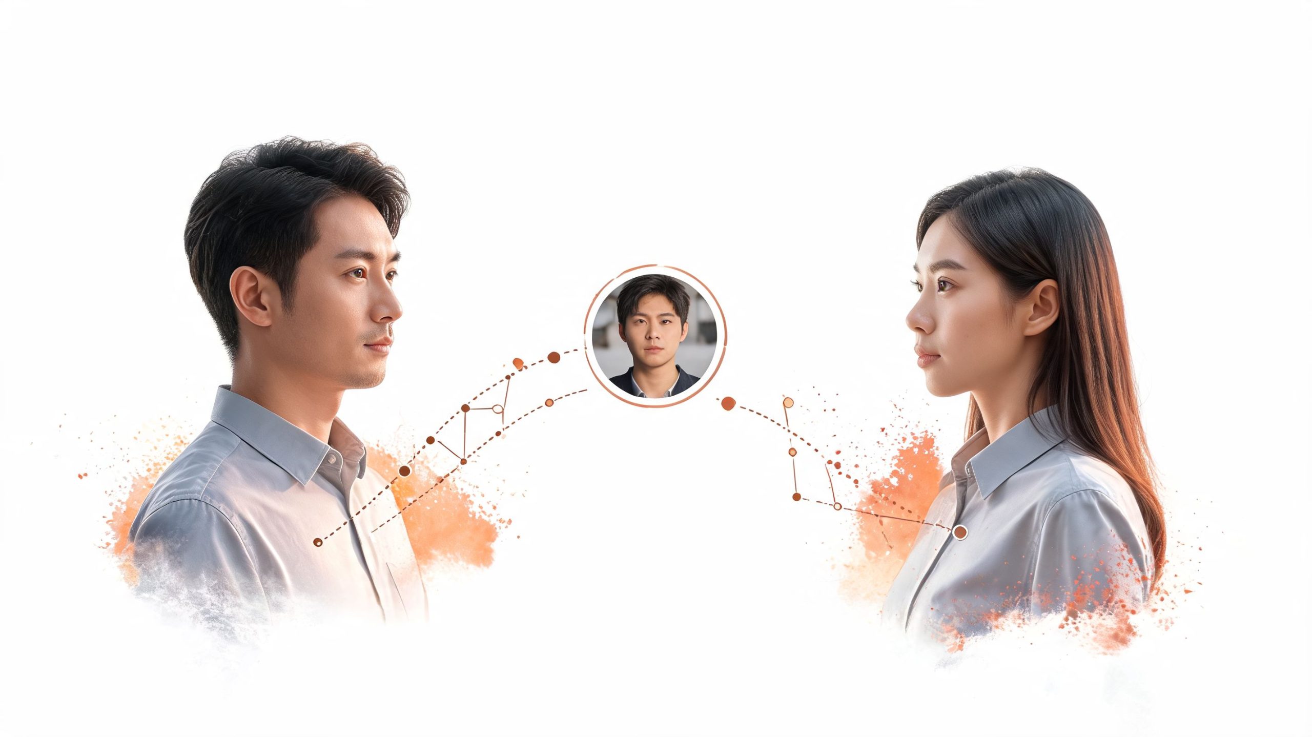 A professional man and woman facing each other with a digital network icon connecting them in the center.