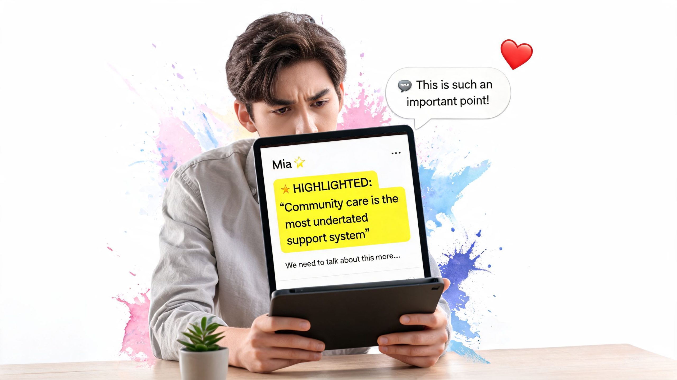 A person holding a tablet displaying a highlighted post about community care being an underrated support system.