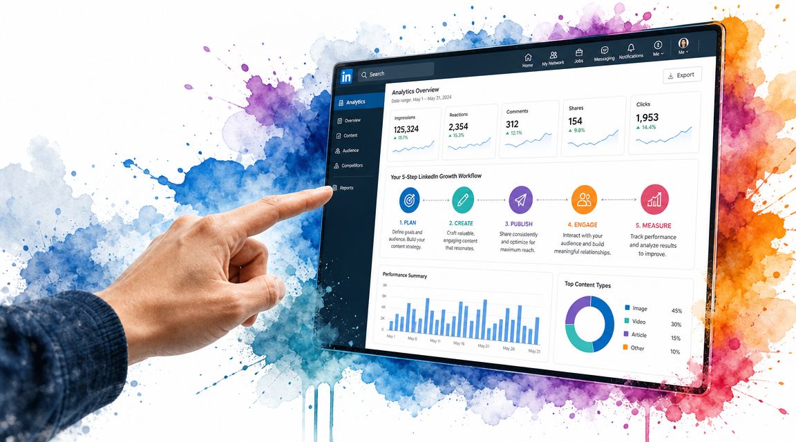 A hand pointing at a digital dashboard showing LinkedIn analytics performance metrics and content growth strategies.
