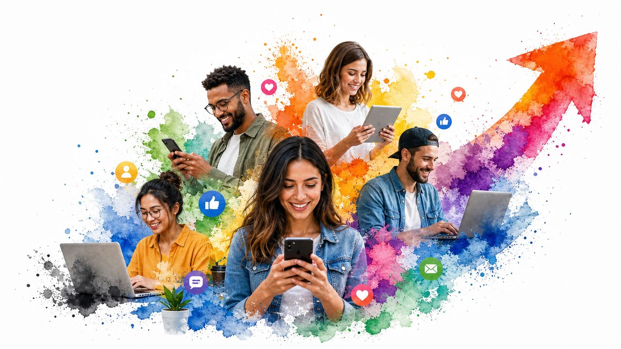 A diverse group of young professionals using various digital devices against a colorful watercolor social media background.