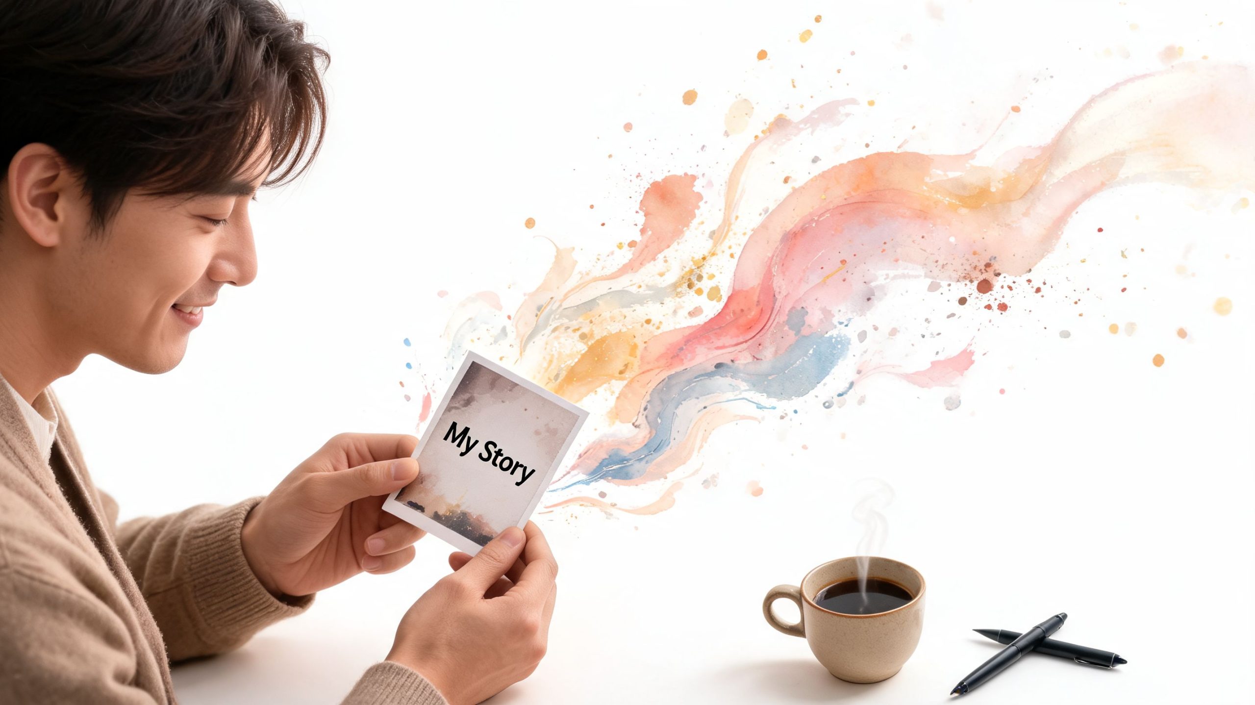 A young man smiling while holding a photo that releases colorful watercolor abstract splashes, with a coffee mug.
