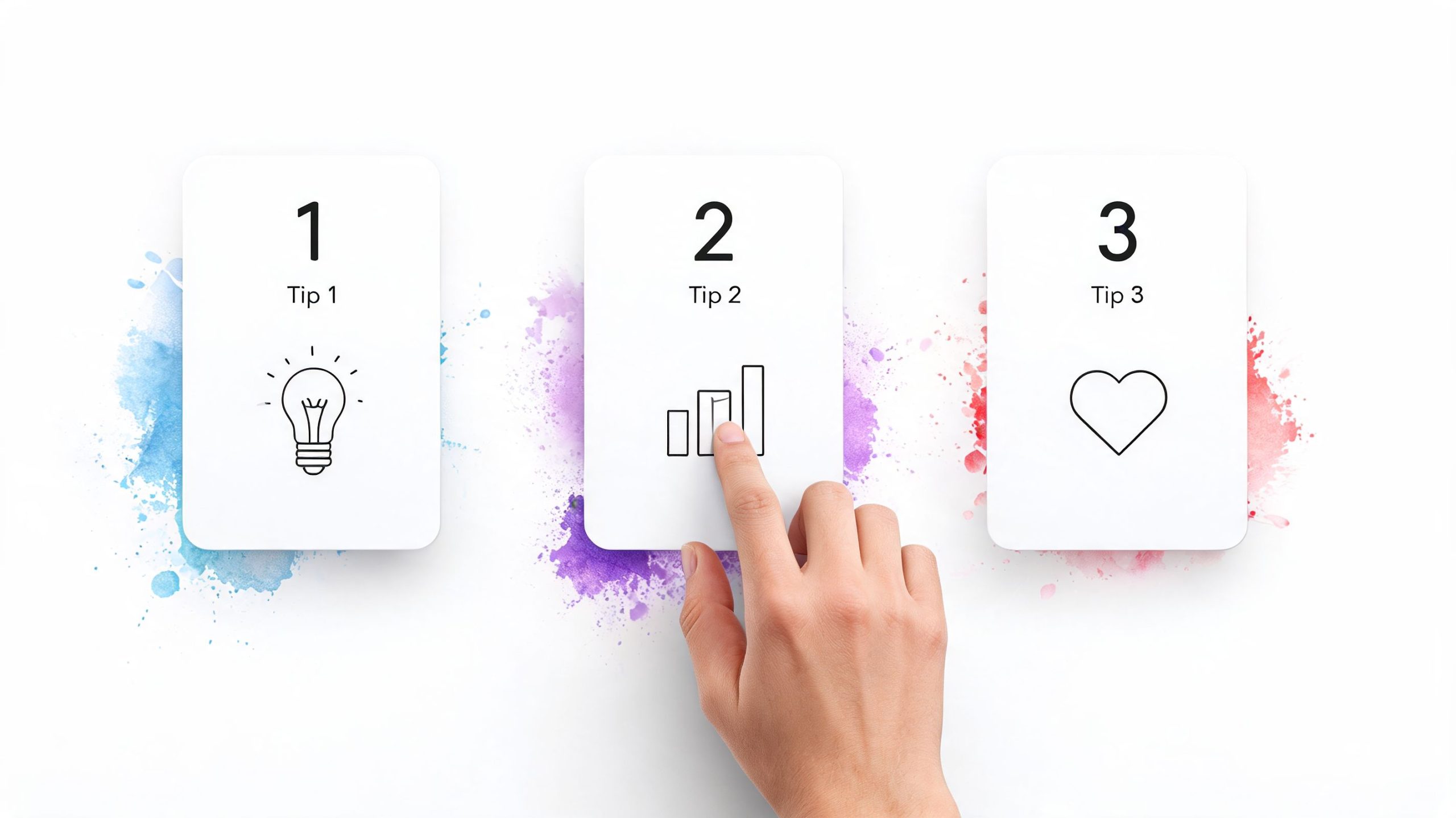 A hand touching a card labeled Tip 2 featuring a bar graph icon among other numbered tips.