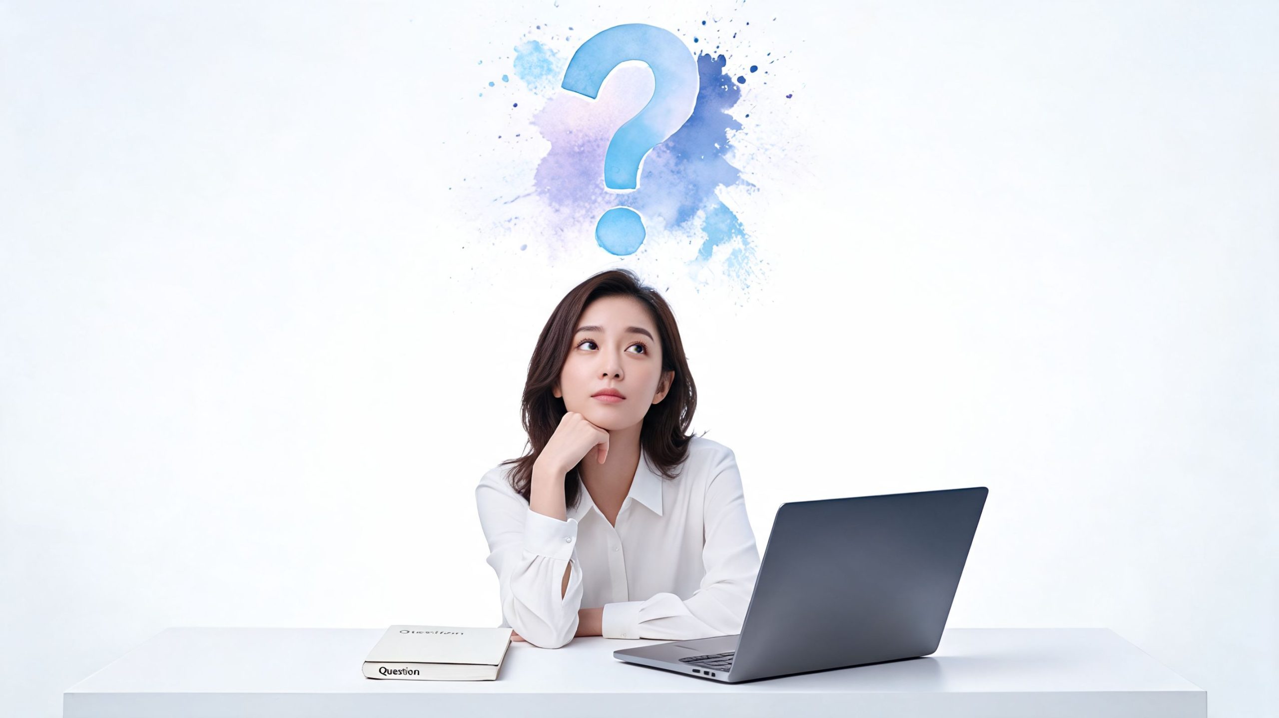 A professional woman sitting at a desk with a laptop, looking thoughtful with a graphic question mark.