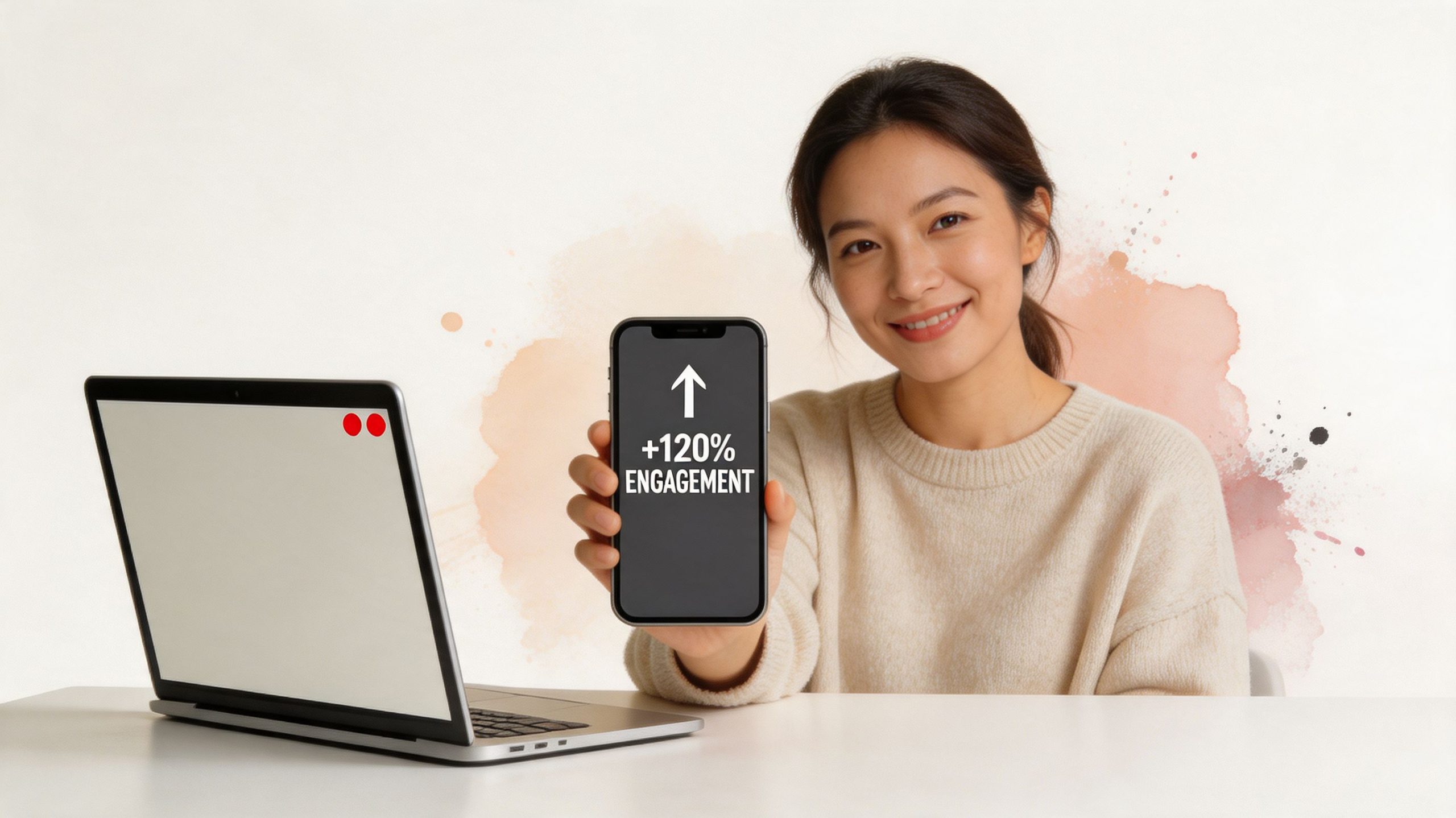 A professional smiling woman showing a smartphone screen displaying a 120% engagement growth increase indicator.
