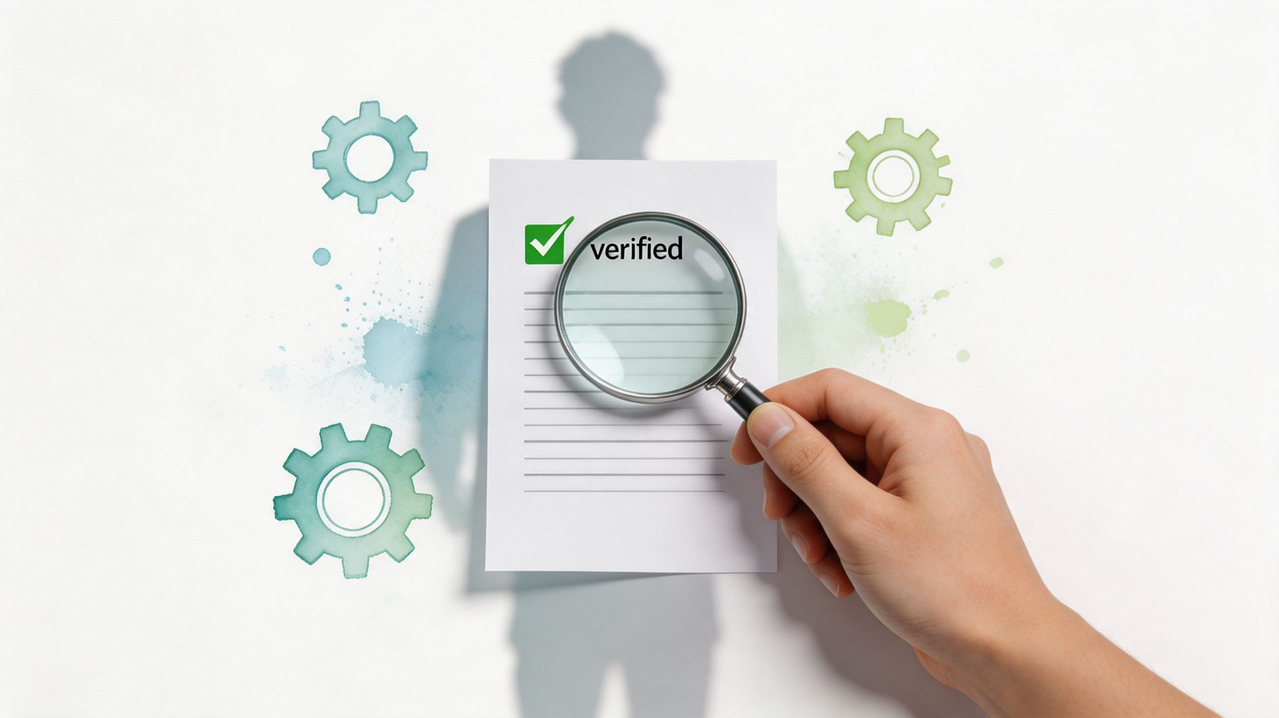 A hand holding a magnifying glass over a verified document, symbolizing professional background checks and verification.