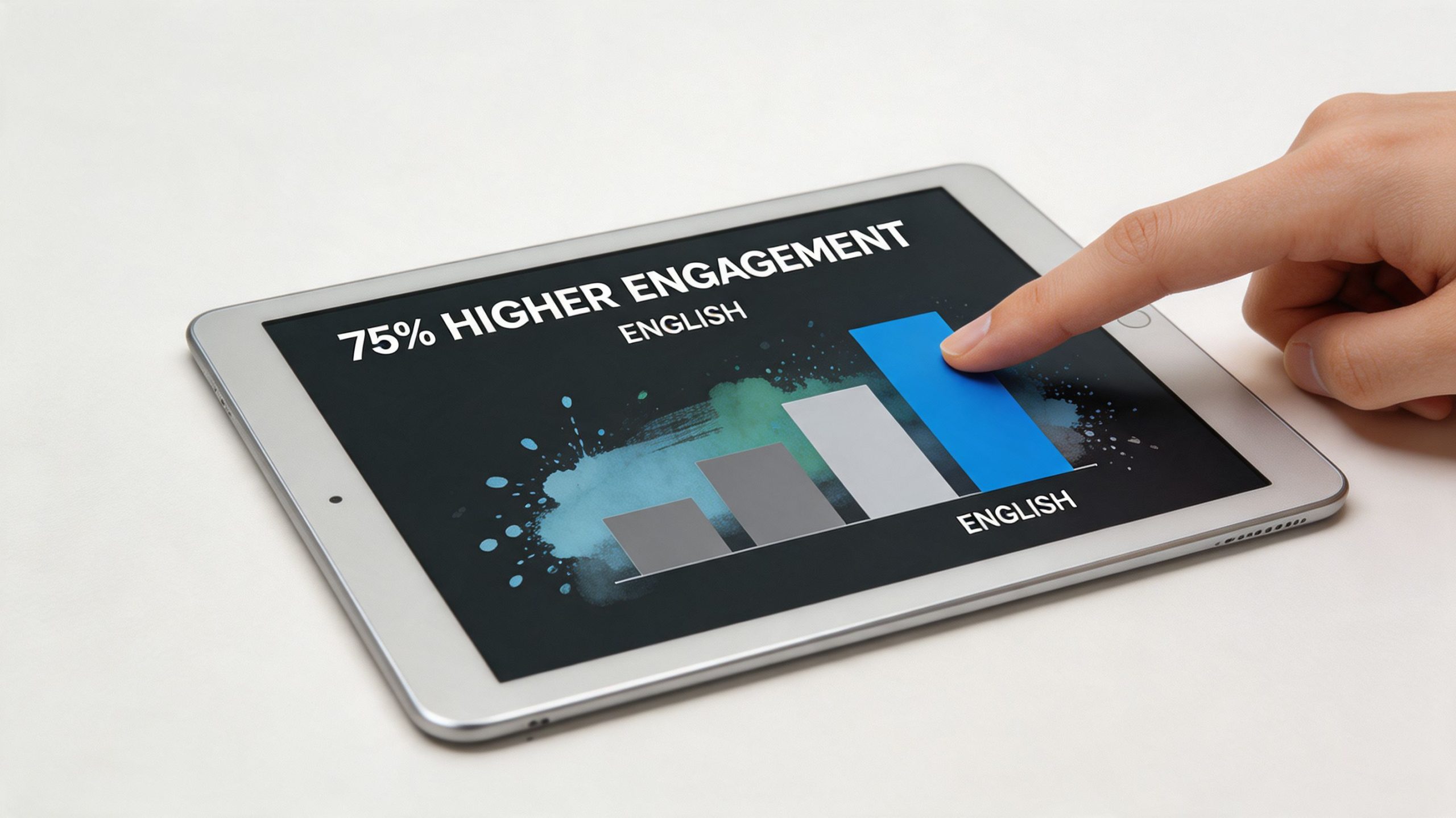 A finger pointing to a tablet screen displaying a chart showing 75% higher engagement for English content.